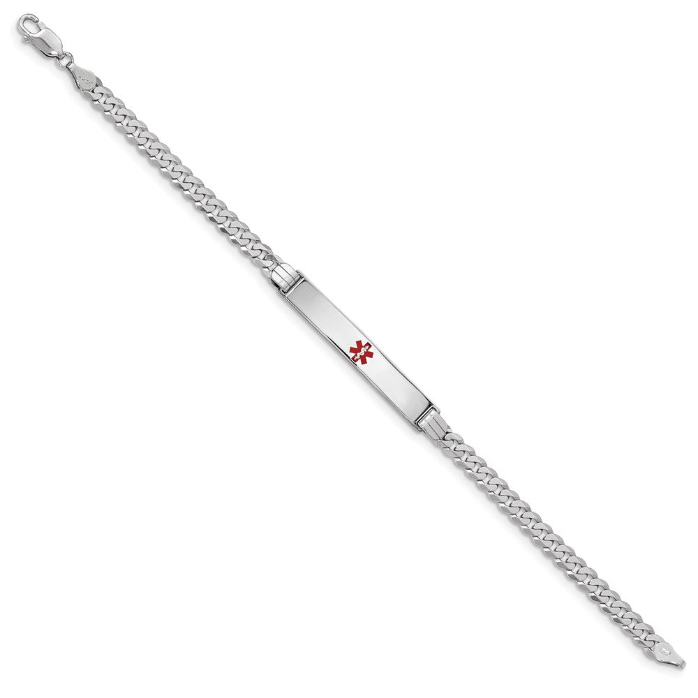 14K White Gold Medical Solid Chain/Solid Plate 37x Centered Red Enamel Flat Curb Link ID Bracelet