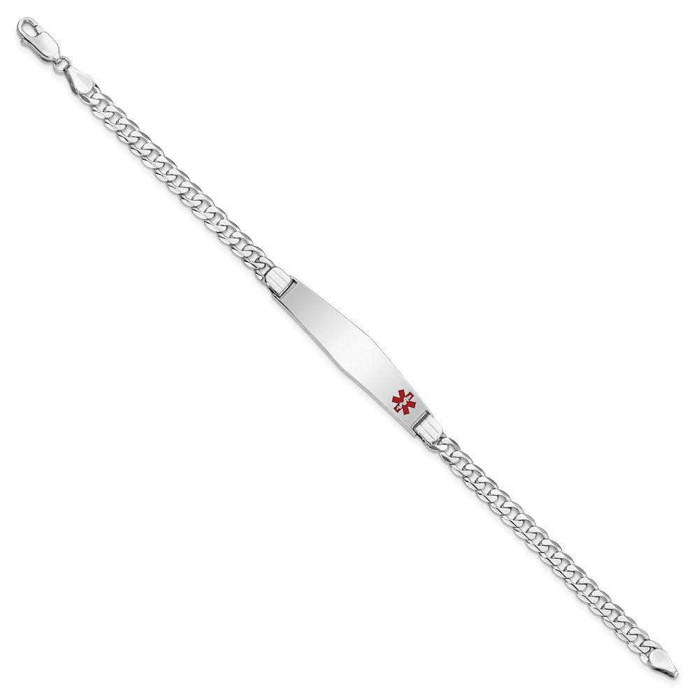 14K White Gold Medical Solid Chain/Solid Plate Soft Diamond Shape 37x Off-Center Red Enamel Flat Curb Link ID Bracelet