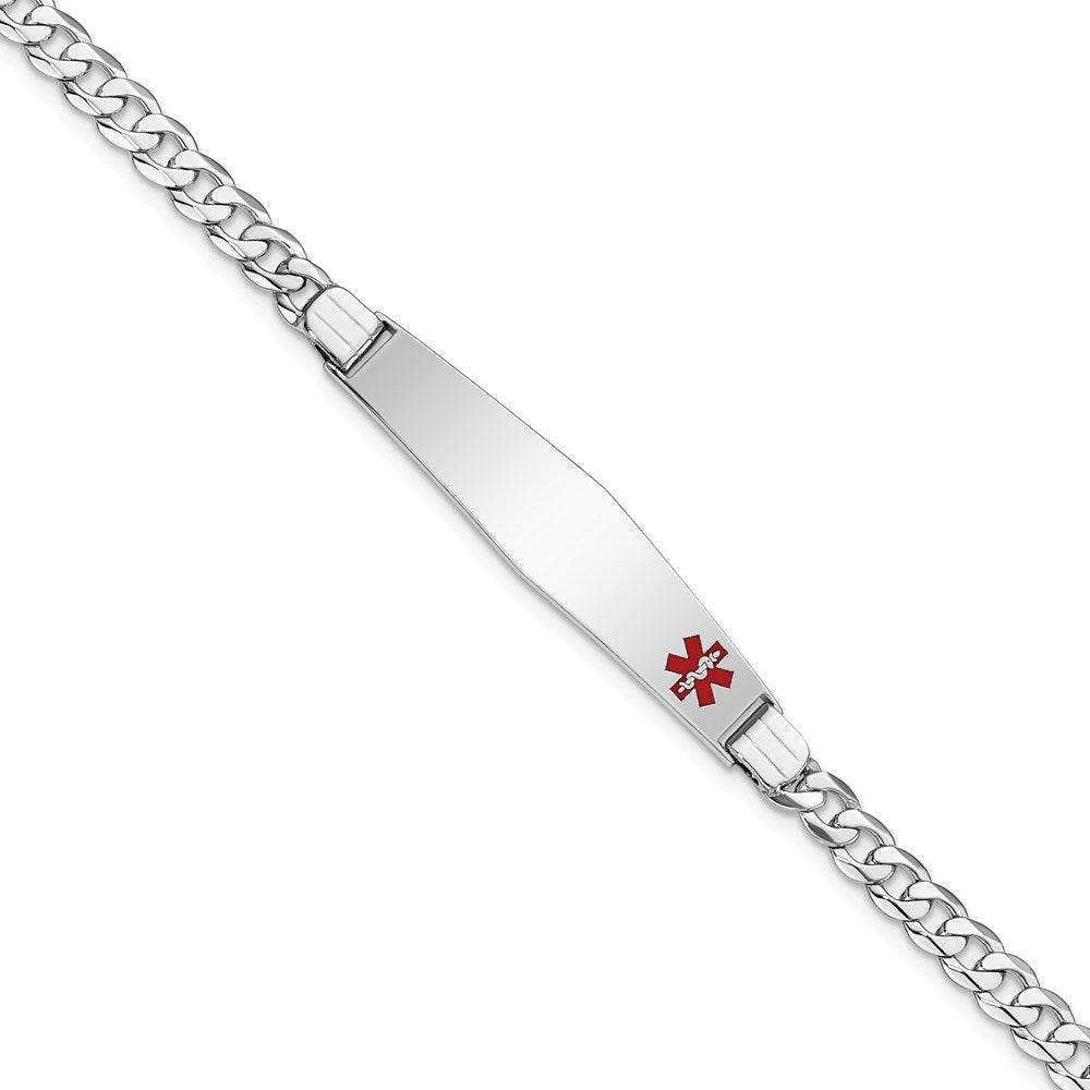 14K White Gold Medical Solid Chain/Solid Plate Soft Diamond Shape 37x Off-Center Red Enamel Flat Curb Link ID Bracelet