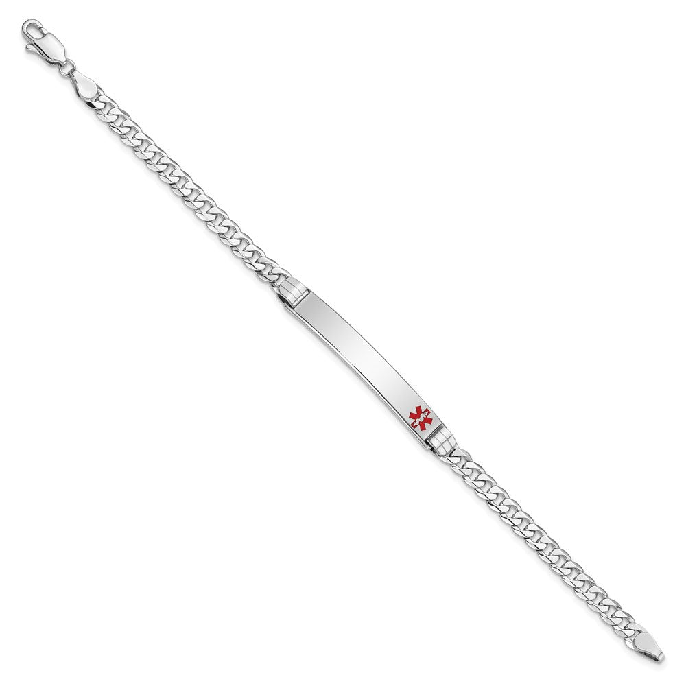 14K White Gold Medical Solid Chain/Solid Plate 37x Off-Center Red Enamel Flat Curb Link ID Bracelet