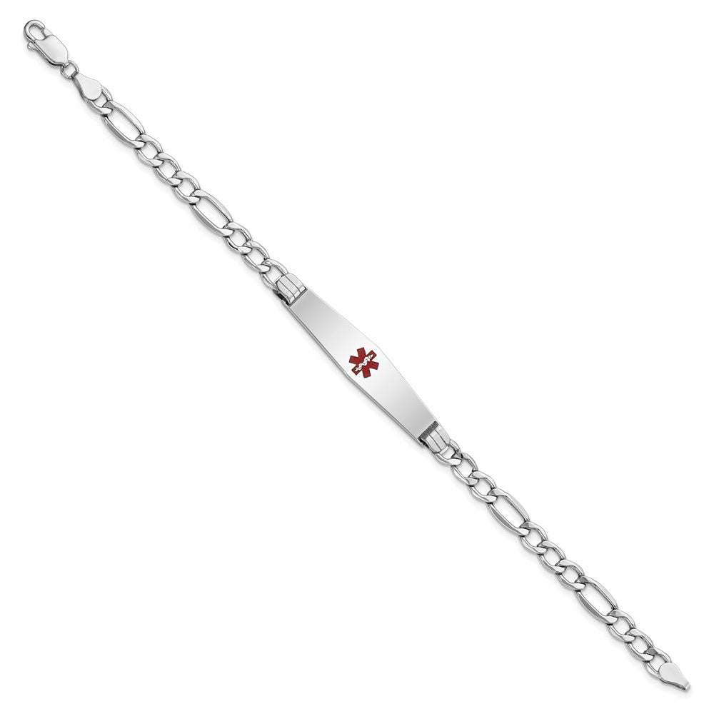 14K White Gold Medical Semi-Solid Chain/Solid Plate Soft Diamond Shape 37x Centered Red Enamel Figaro Link ID Bracelet