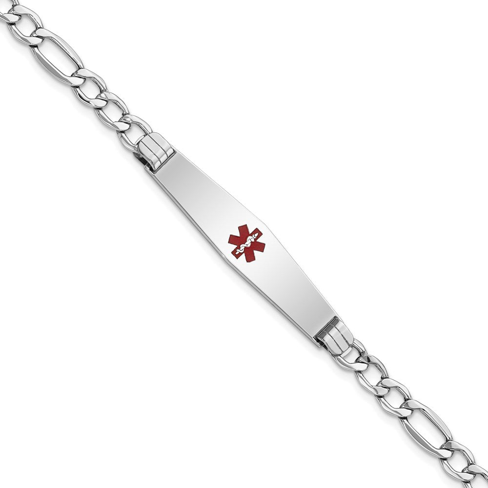 14K White Gold Medical Semi-Solid Chain/Solid Plate Soft Diamond Shape 37x Centered Red Enamel Figaro Link ID Bracelet