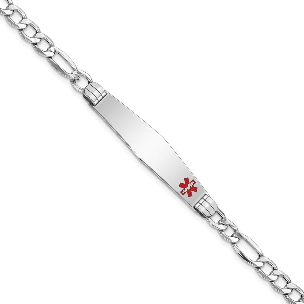 14K White Gold Medical Semi-Solid Chain/Solid Plate Soft Diamond Shape 37x Off-Center Red Enamel Figaro Link ID Bracelet