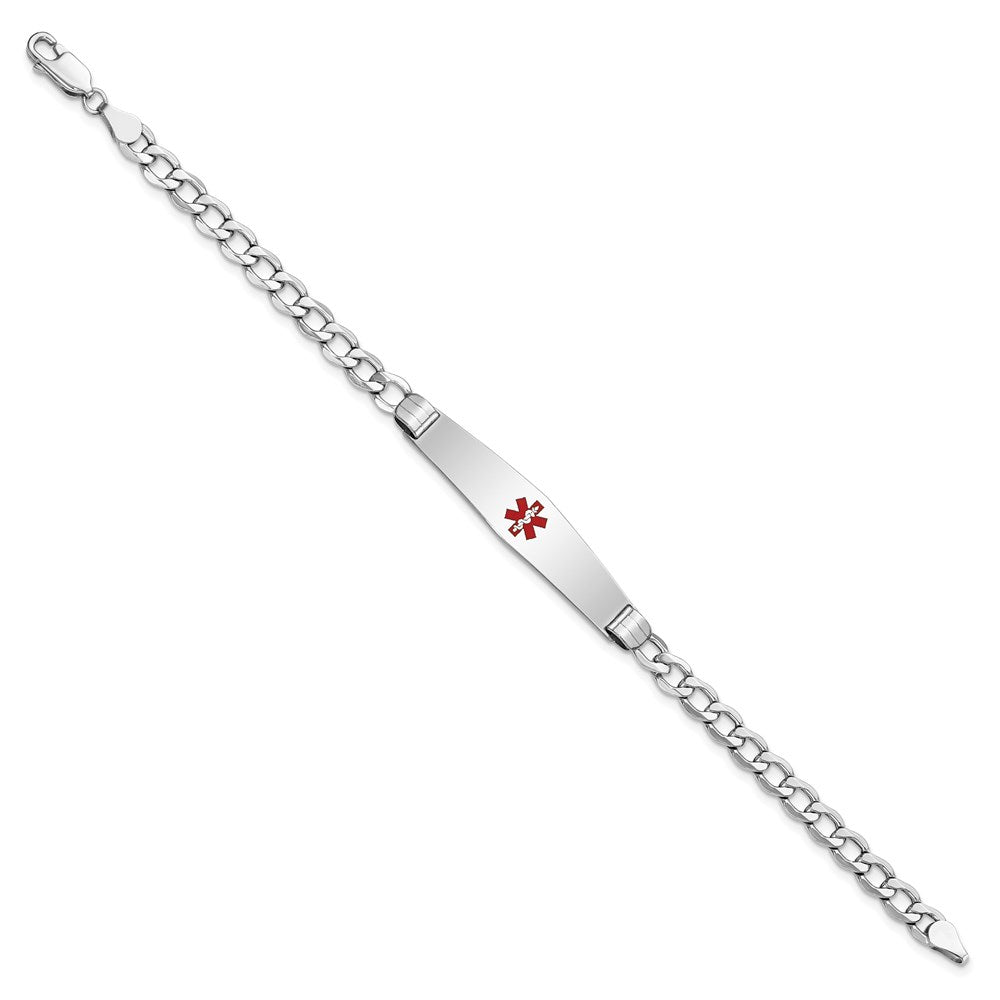 14K White Gold Medical Semi-Solid Chain/Solid Plate Soft Diamond Shape 36x Centered Red Enamel Curb Link ID Bracelet