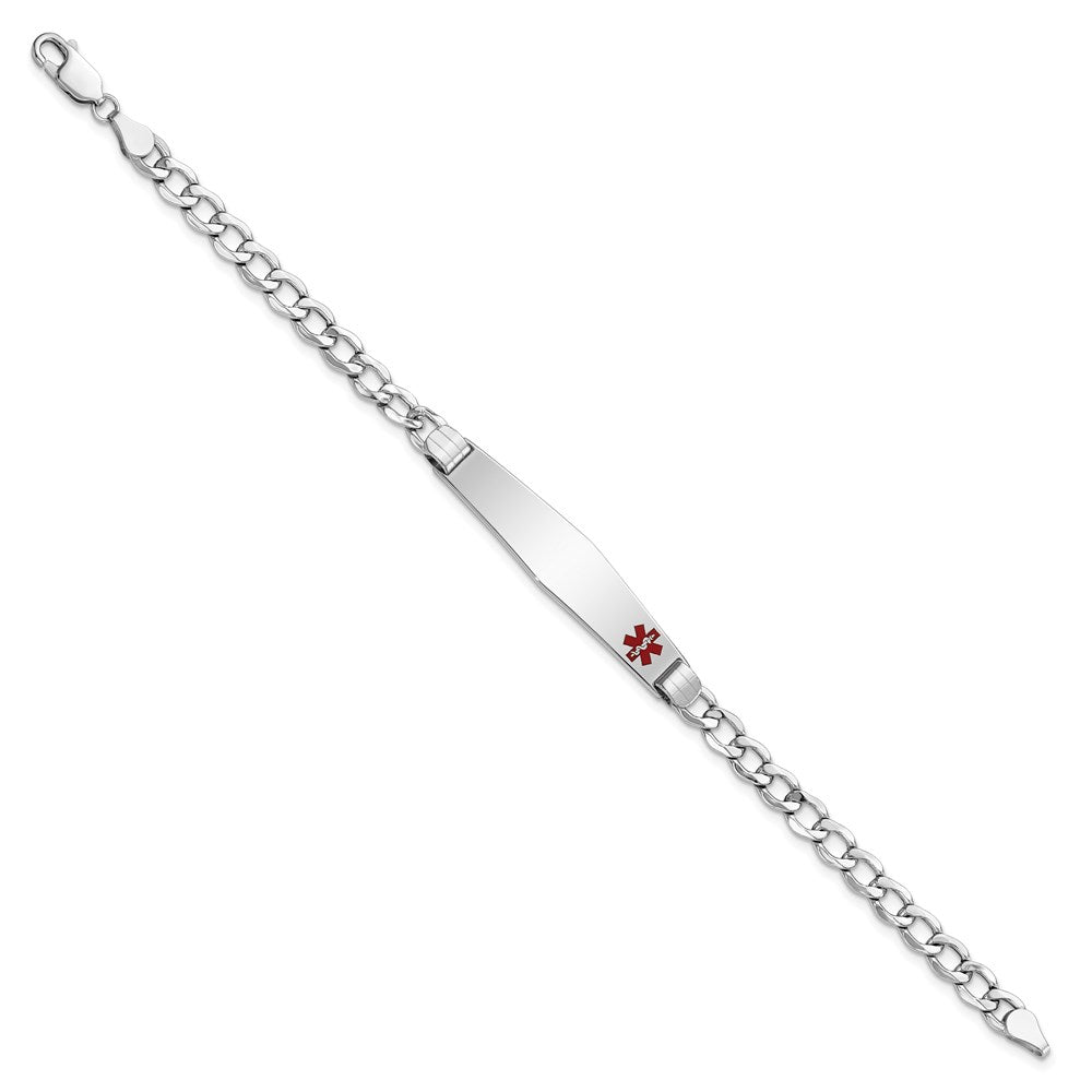 14K White Gold Medical Semi-Solid Chain/Solid Plate Soft Diamond Shape 37x Off-Center Red Enamel Cuban Link ID Bracelet