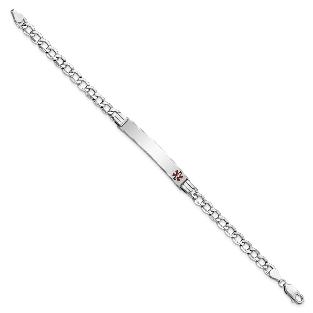 14K White Gold Medical Semi-solid Chain/Solid Plate 37x Off-Center Red Enamel Curb Link ID Bracelet