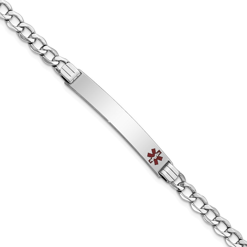 14K White Gold Medical Semi-solid Chain/Solid Plate 37x Off-Center Red Enamel Curb Link ID Bracelet