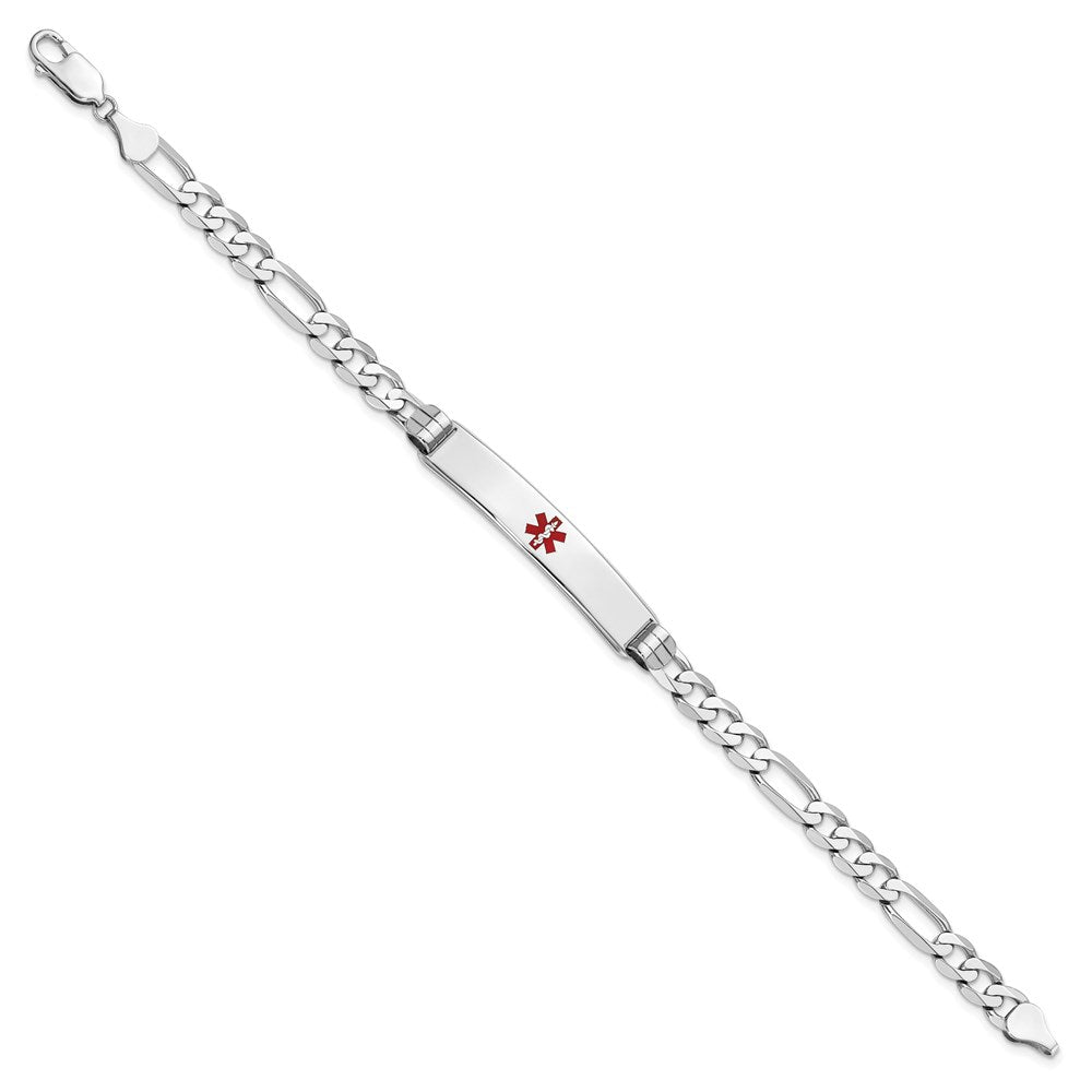 14K White Gold Medical Solid Chain/Solid Plate 37x Centered Red Enamel Figaro Link ID Bracelet