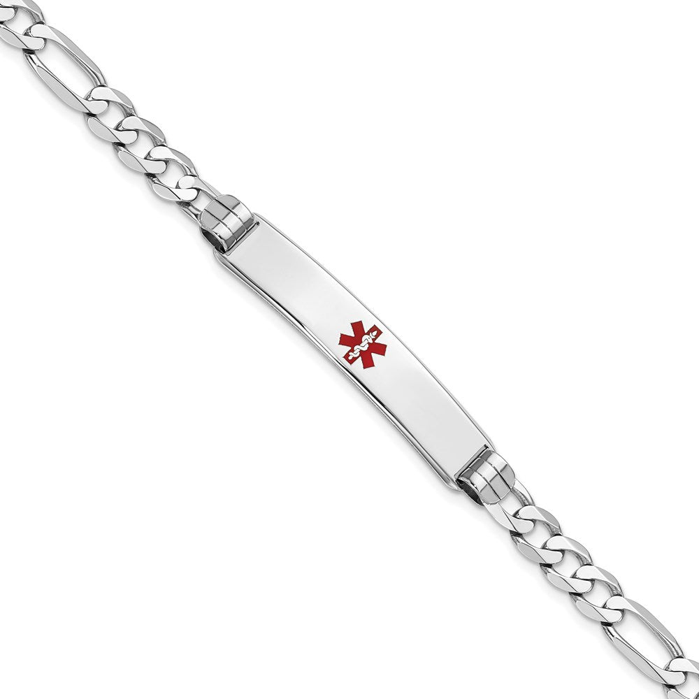 14K White Gold Medical Solid Chain/Solid Plate 37x Centered Red Enamel Figaro Link ID Bracelet