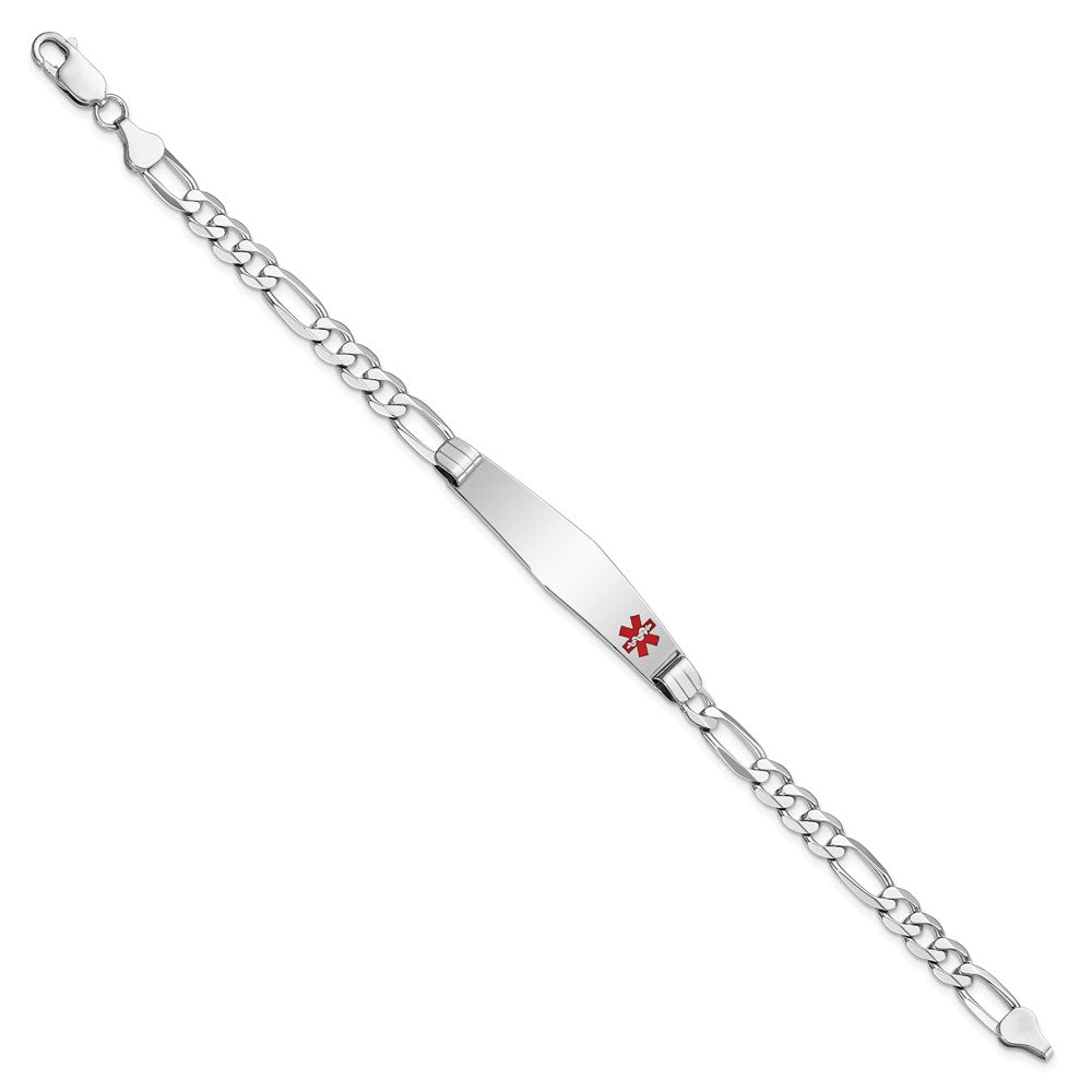 14K White Gold Medical Solid Chain/Solid Plate Soft Diamond Shape 38x Off-Center Red Enamel Figaro Link ID Bracelet