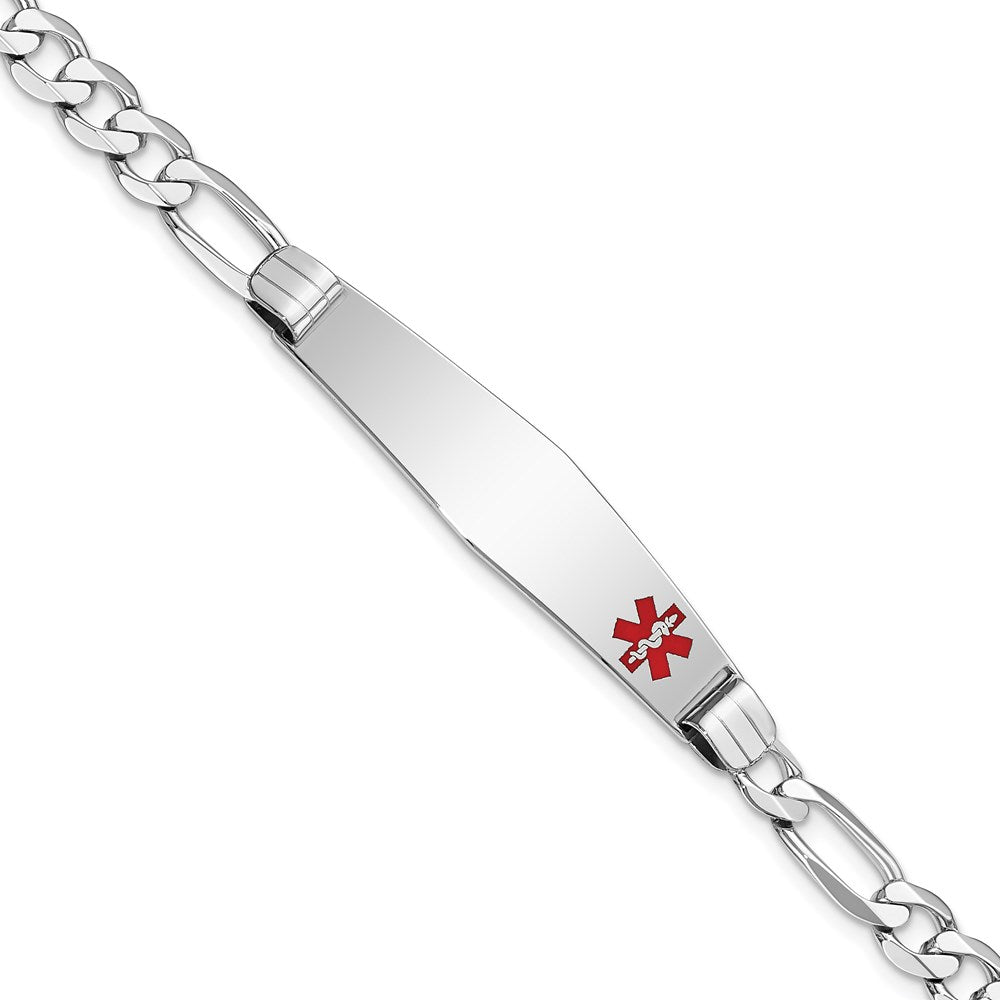 14K White Gold Medical Solid Chain/Solid Plate Soft Diamond Shape 38x Off-Center Red Enamel Figaro Link ID Bracelet