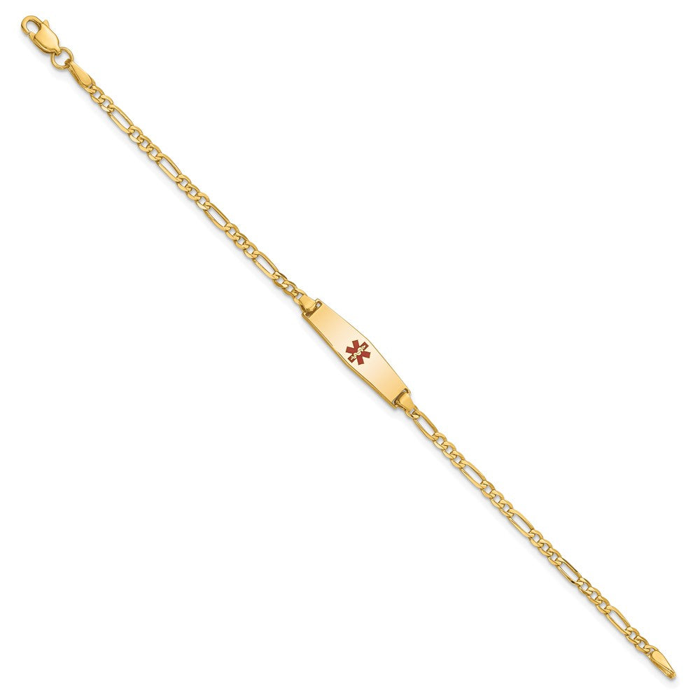 14k Medical Soft Diamond Shape Red Enamel Figaro Link ID Bracelet