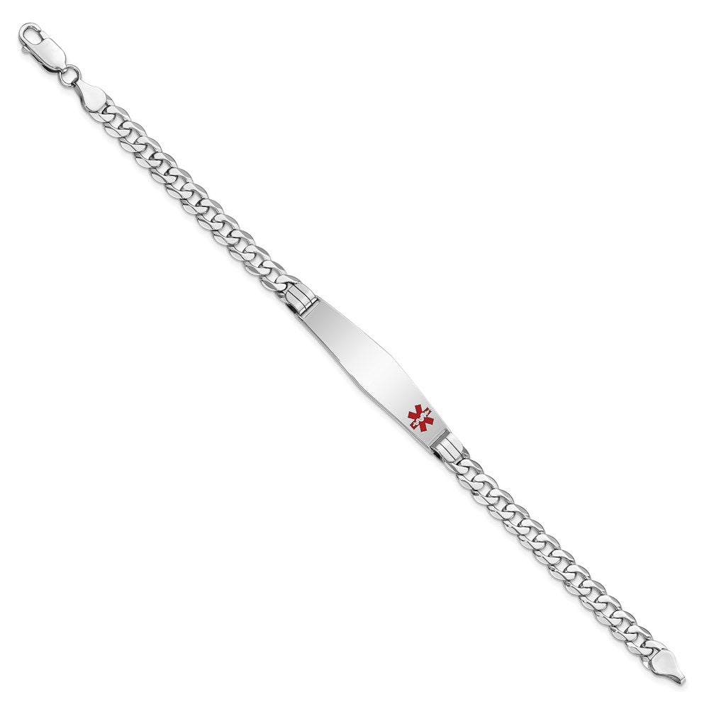 14K White Gold Medical Solid Chain/Solid Plate Soft Diamond Shape 38x Off-Center Red Enamel Flat Curb Link ID Bracelet