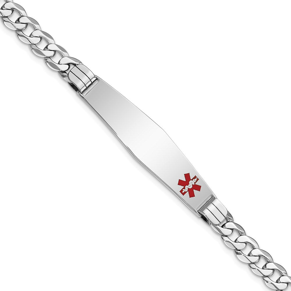 14K White Gold Medical Solid Chain/Solid Plate Soft Diamond Shape 38x Off-Center Red Enamel Flat Curb Link ID Bracelet