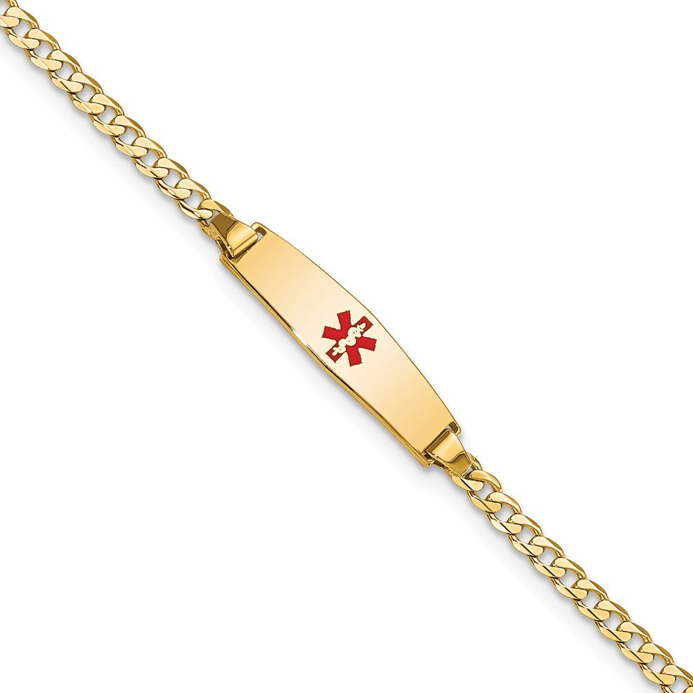 14k Medical Solid Chain/Solid Plate 20x Soft Diamond Shape Centered Red Enamel Curb Link ID Bracelet