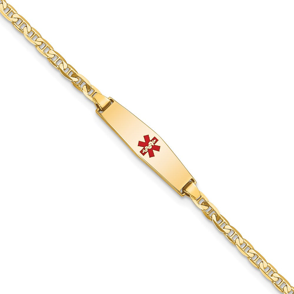 14k Medical Solid Chain/Solid Plate 20x Soft Diamond Shape Centered Red Enamel Flat Anchor Link ID Bracelet
