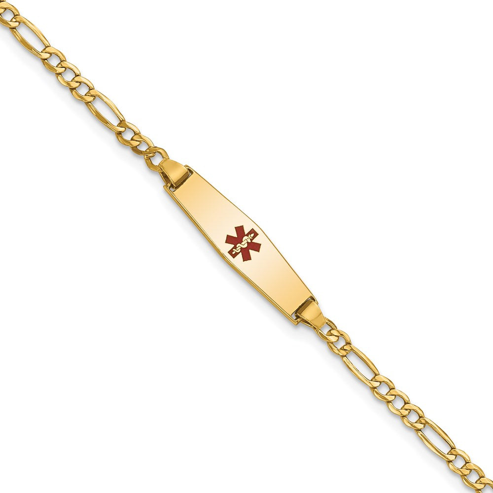 14k Medical Semi-Solid Chain/Solid Plate 20x Soft Diamond Shape Centered Red Enamel Figaro Link ID Bracelet