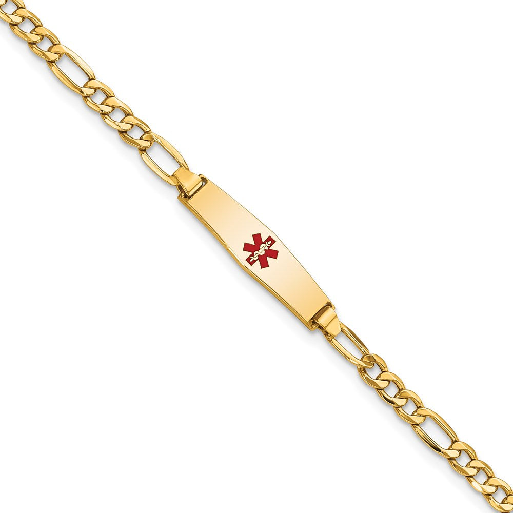 14k Medical Semi-Solid Chain/Solid Plate 20x Soft Diamond Shape Centered Red Enamel Figaro Link ID Bracelet