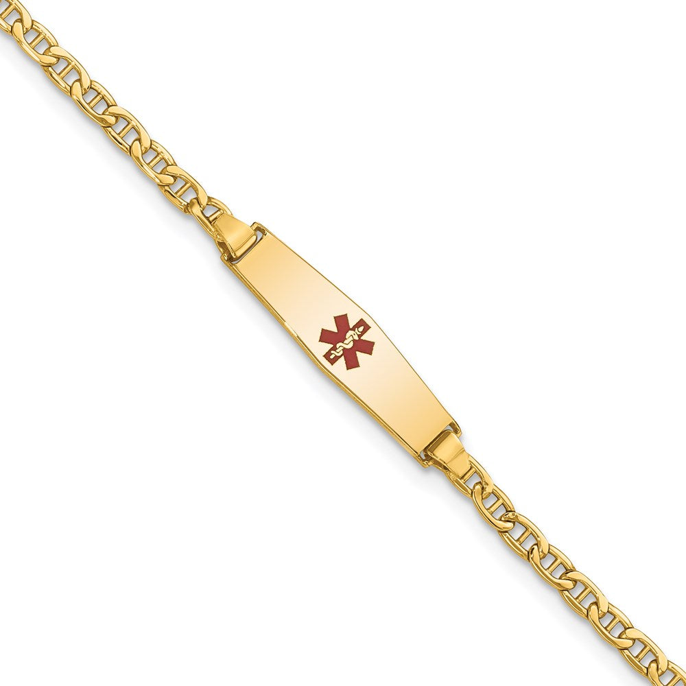 14k Medical Semi-Solid Chain/Solid Plate 20x Soft Diamond Shape Centered Red Enamel Anchor Link ID Bracelet