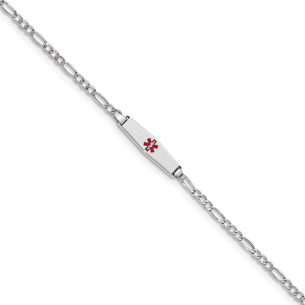 14k White Gold Medical Semi-Solid Chain/Solid Plate 20x Soft Diamond Shape Centered Red Enamel Figaro Link ID Bracelet