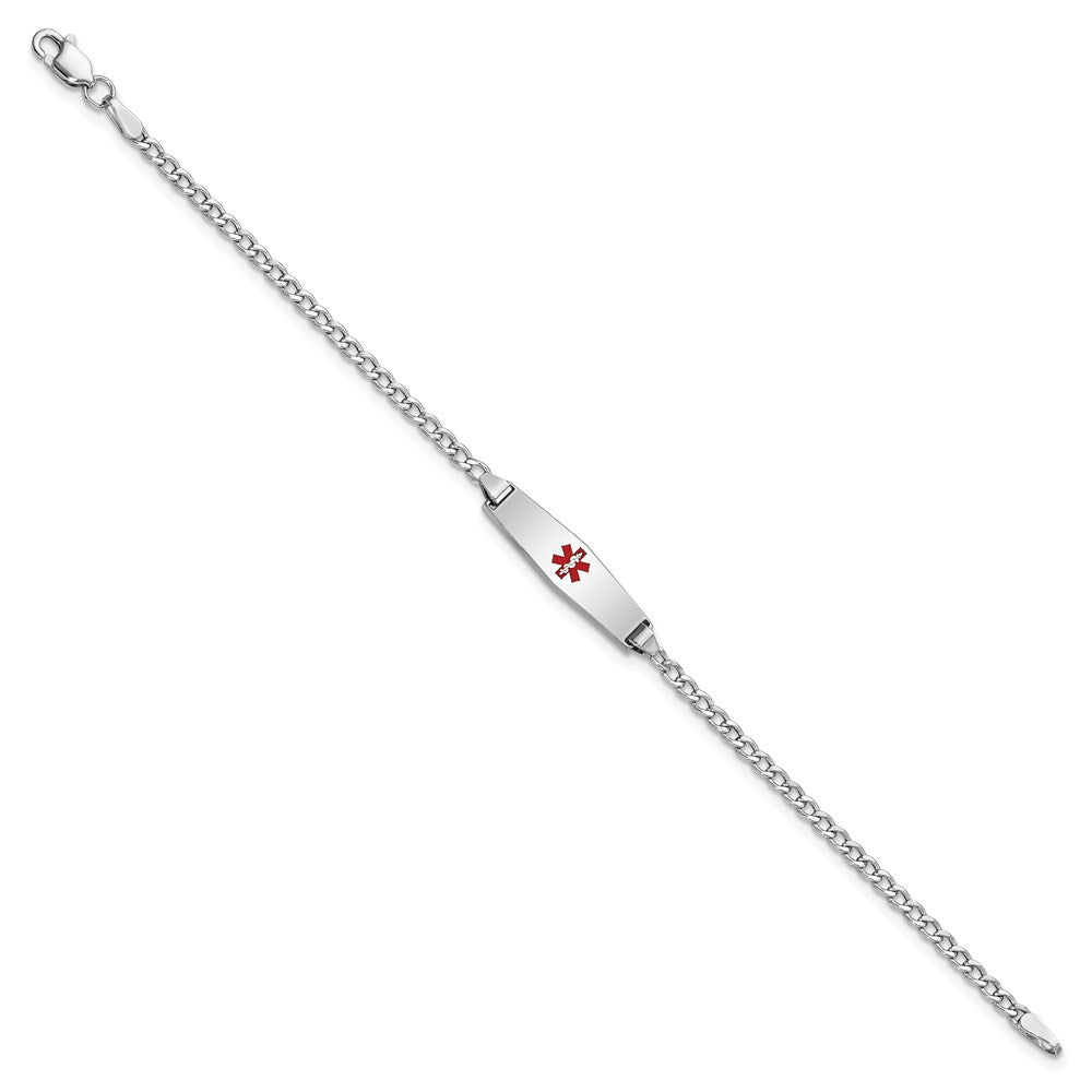 14k White Gold Medical Semi-Solid Chain/Solid Plate 20x Soft Diamond Shape Centered Red Enamel Cuban Link ID Bracelet