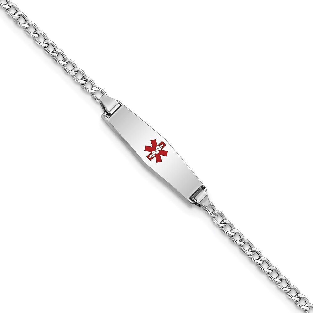 14k White Gold Medical Semi-Solid Chain/Solid Plate 20x Soft Diamond Shape Centered Red Enamel Cuban Link Baby/Child ID Bracelet