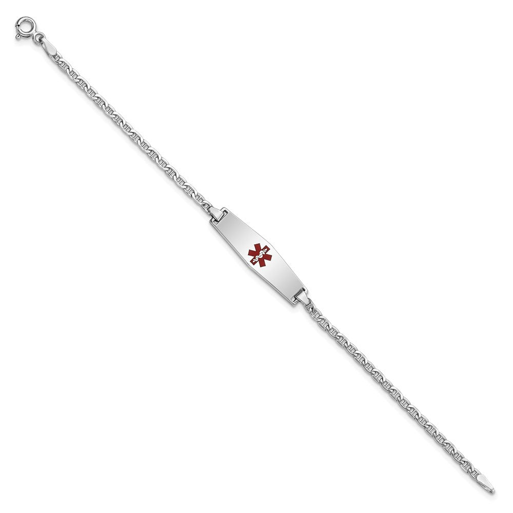 14k White Gold Medical Semi-Solid Chain/Solid Plate 25x Soft Diamond Shape Centered Red Enamel Anchor Link ID Bracelet