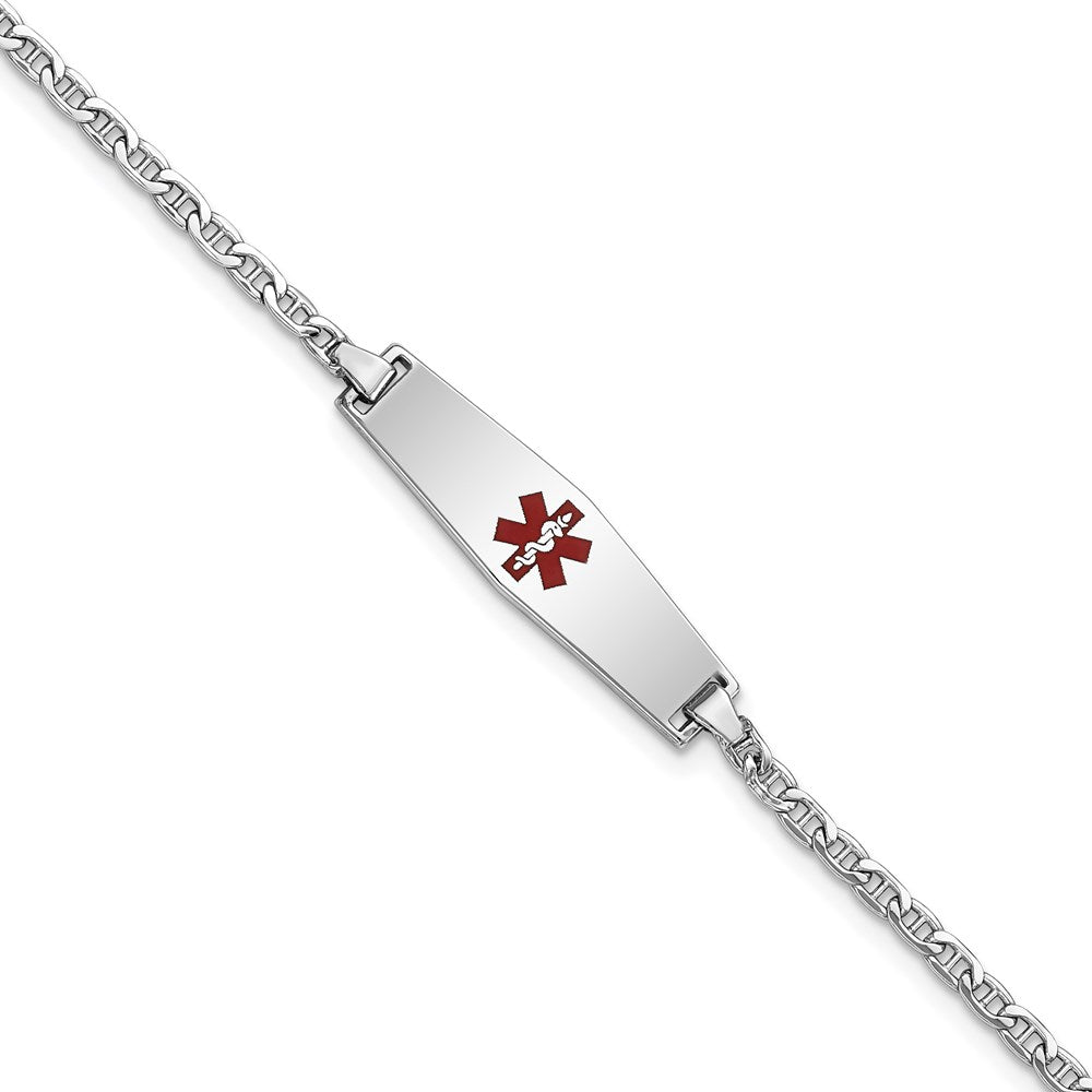 14k White Gold Medical Semi-Solid Chain/Solid Plate 25x Soft Diamond Shape Centered Red Enamel Anchor Link Baby/Child ID Bracelet