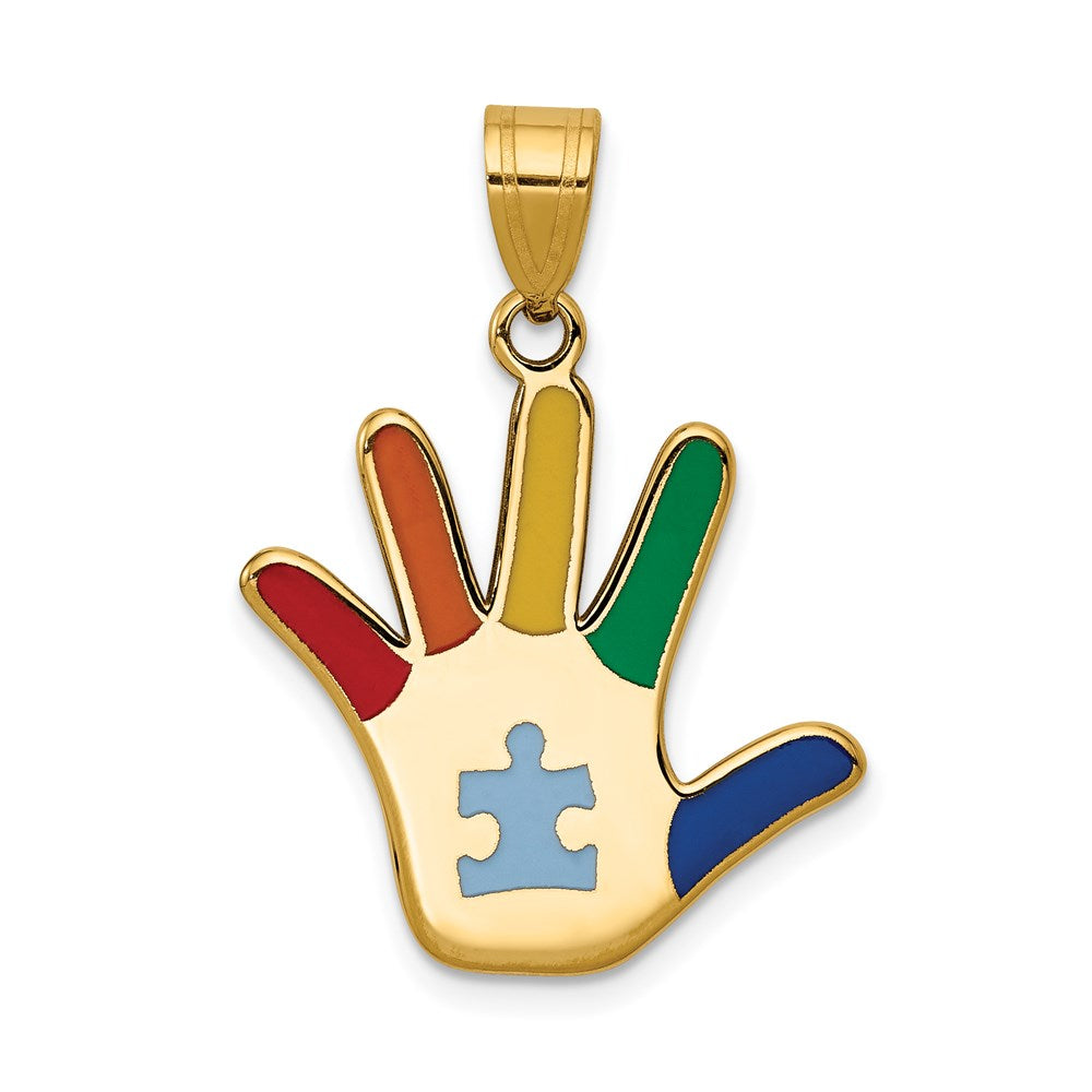 14k Enameled Autism with Puzzle Piece Handprint Pendant
