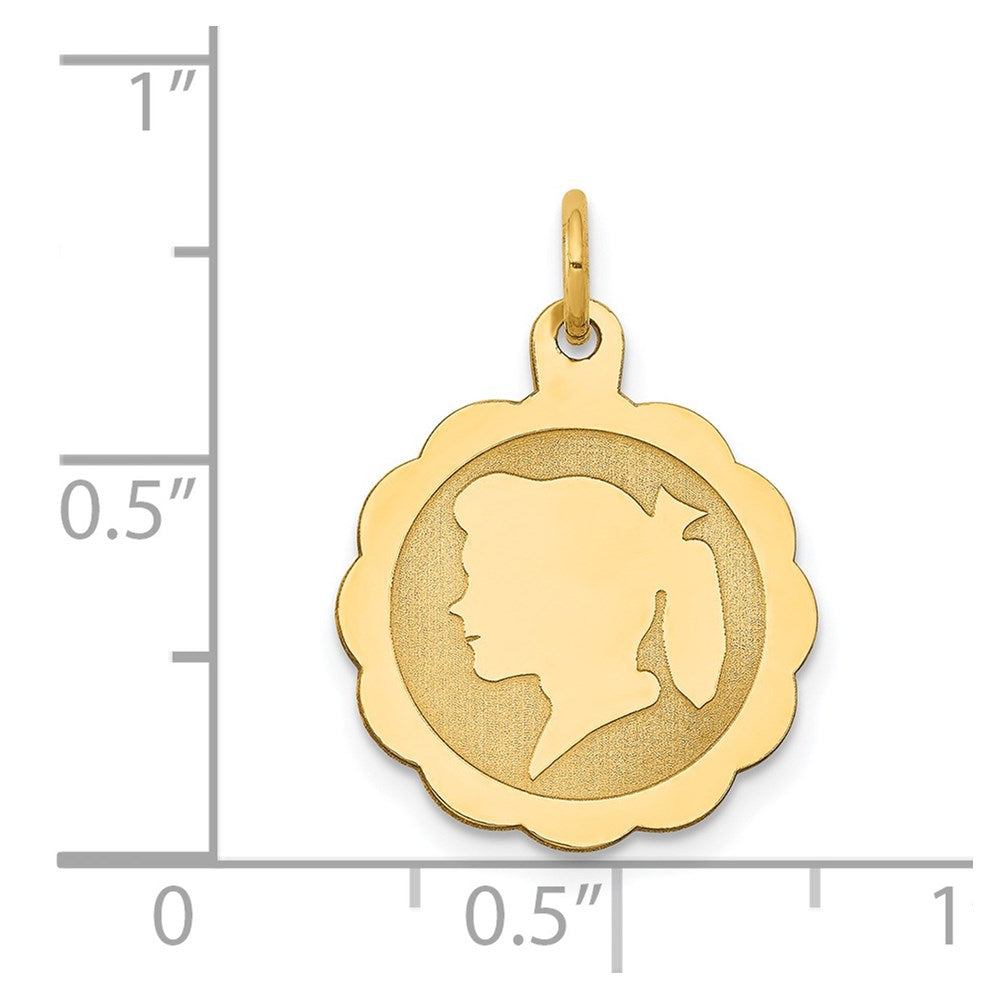 14k Girl Head on .018 Gauge Engravable Scalloped 17x Disc Charm