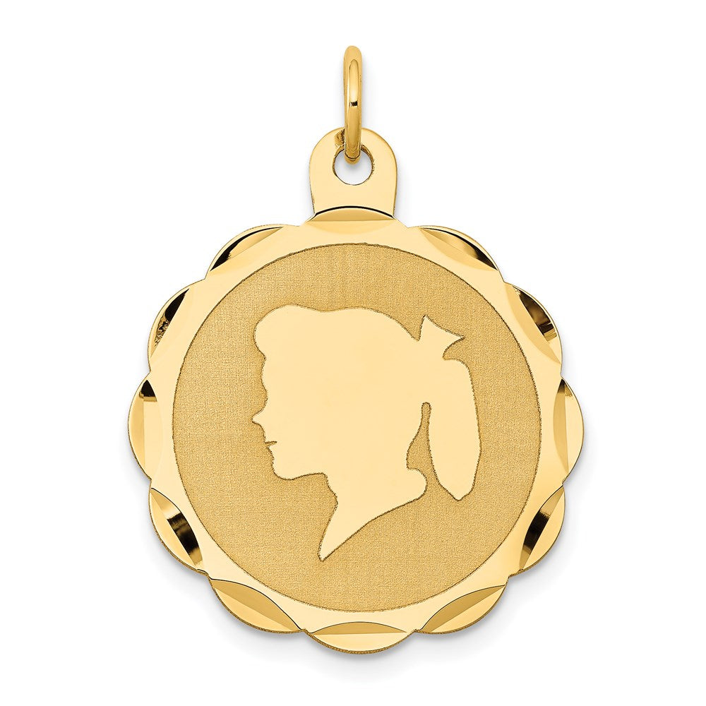 14k Girl Head on .011 Gauge Engravable Scalloped 25x Disc Charm