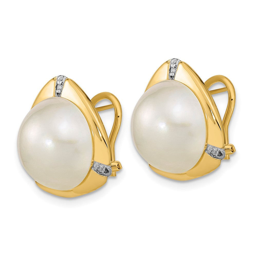 14k 12- White Saltwater Mabe Pearl .06ct Diamond Omega Back Earrings