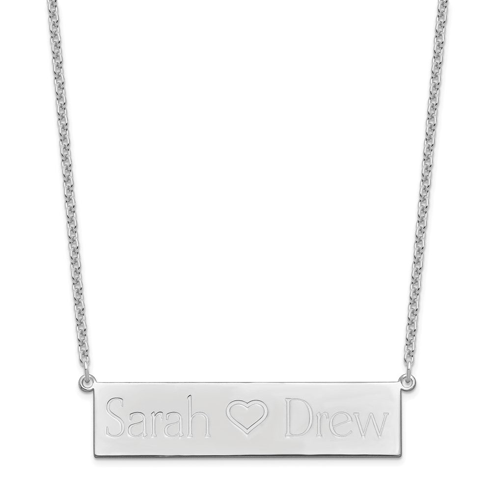 SS/Rhodium-plated Brushed 2 Names and Heart Bar Necklace