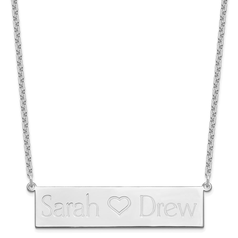 SS/Rhodium-plated Brushed 2 Names and Heart Bar Necklace