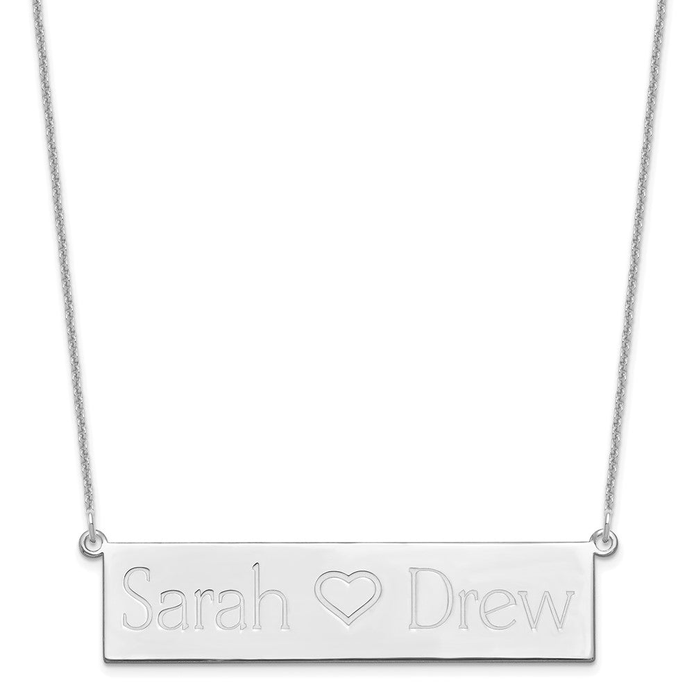 14k White Gold Brushed 2 Names and Heart Bar Necklace