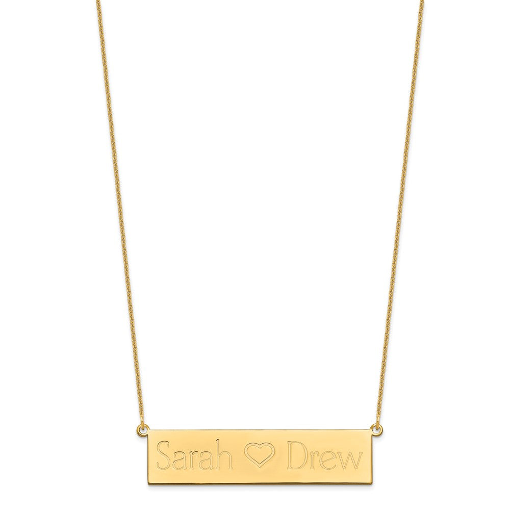 14k Yellow Gold Brushed 2 Names and Heart Bar Necklace