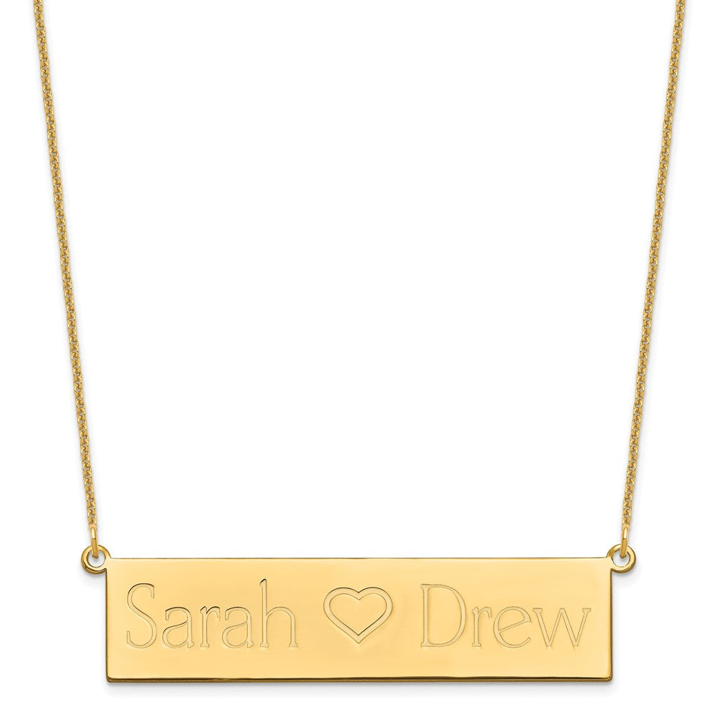 14k Yellow Gold Brushed 2 Names and Heart Bar Necklace