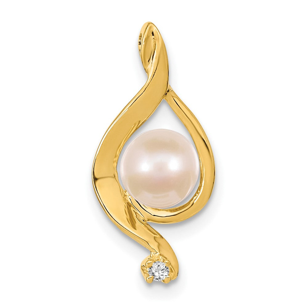 14k 5- Near Round White Freshwater Cultured Pearl and AAA Diamond Chain Slide