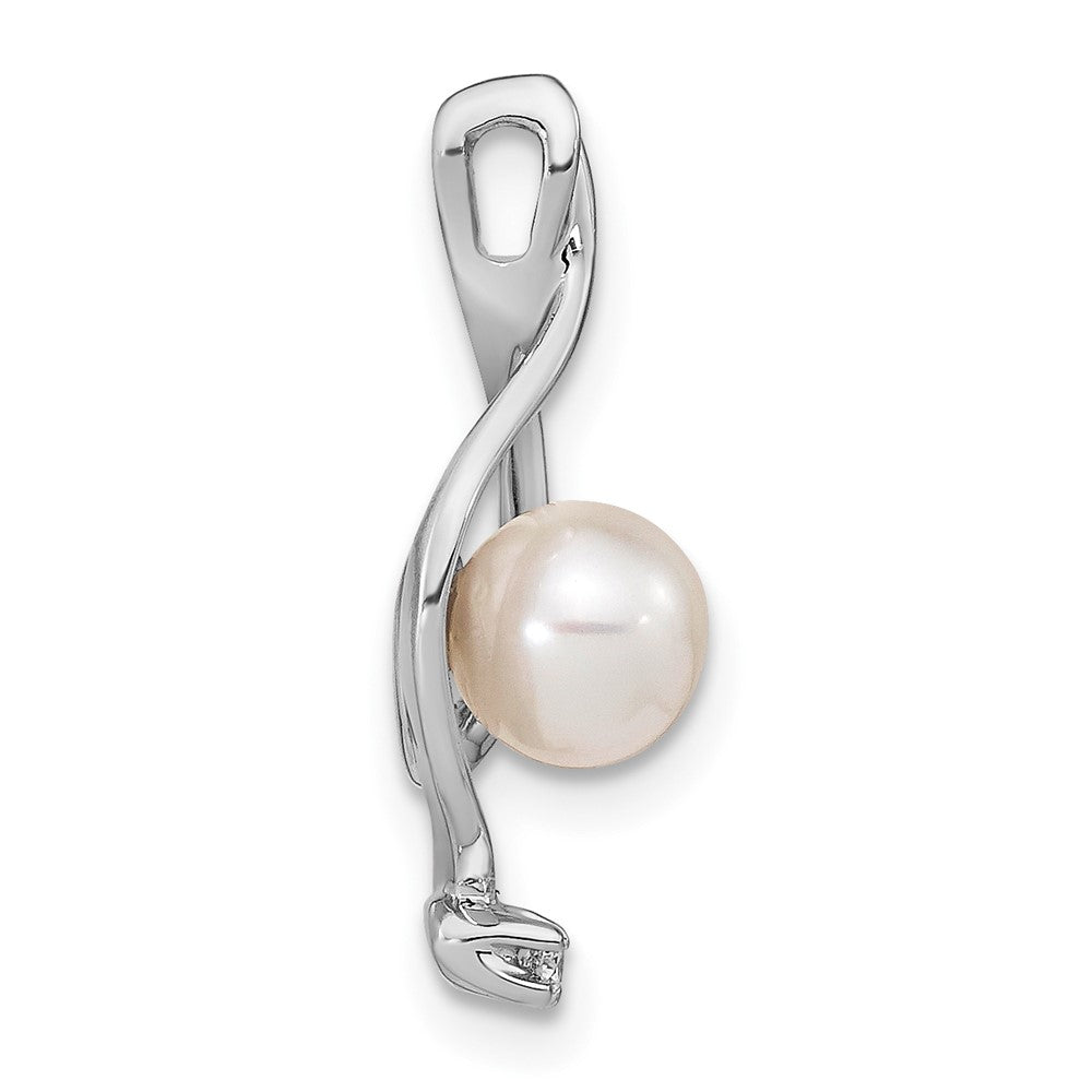 14k White Gold 5- Near Round White Freshwater Cultured Pearl and AA Diamond Chain Slide