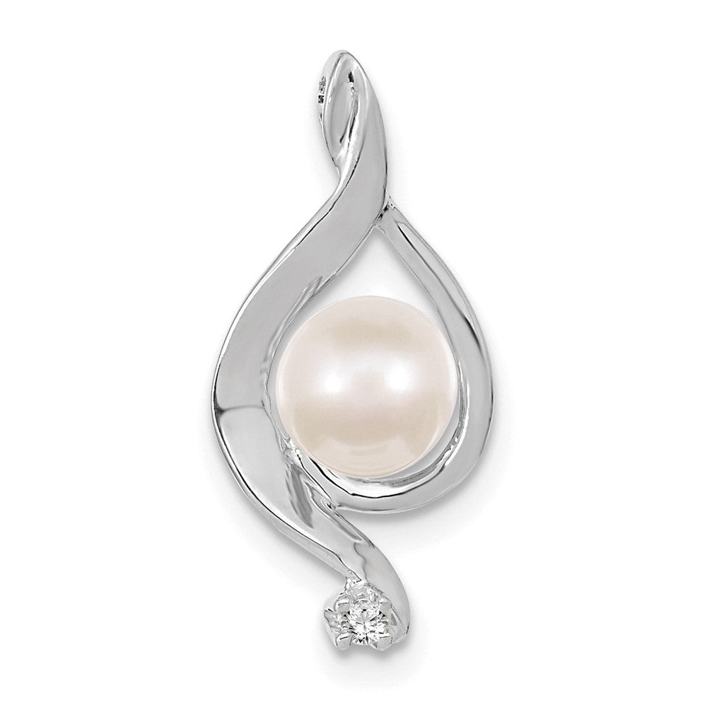14k White Gold 5- Near Round White Freshwater Cultured Pearl and AAA Diamond Chain Slide