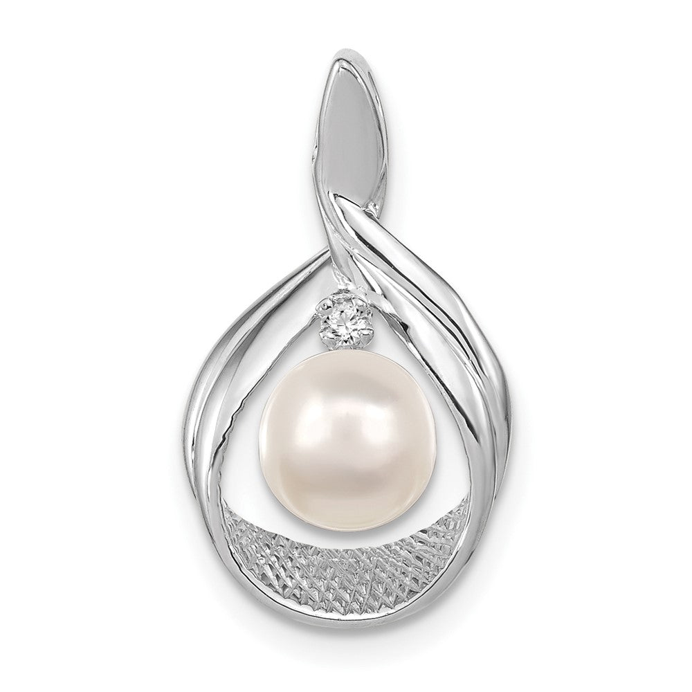 14k White Gold 7- Near Round White Freshwater Cultured Pearl and AAA Diamond Pendant