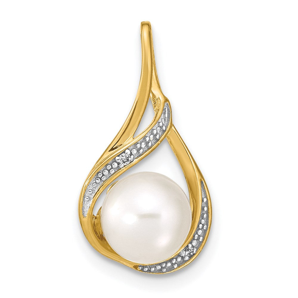 14k 7- White Round Freshwater Cultured Pearl and Diamond Pendant
