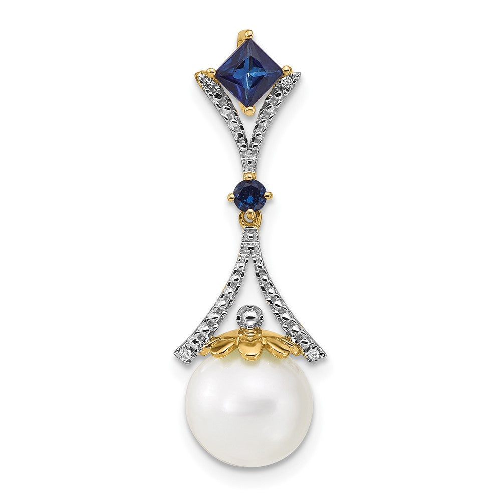 14k Diamond 8- Round FWC Pearl/Created Sapphire Chain Slide