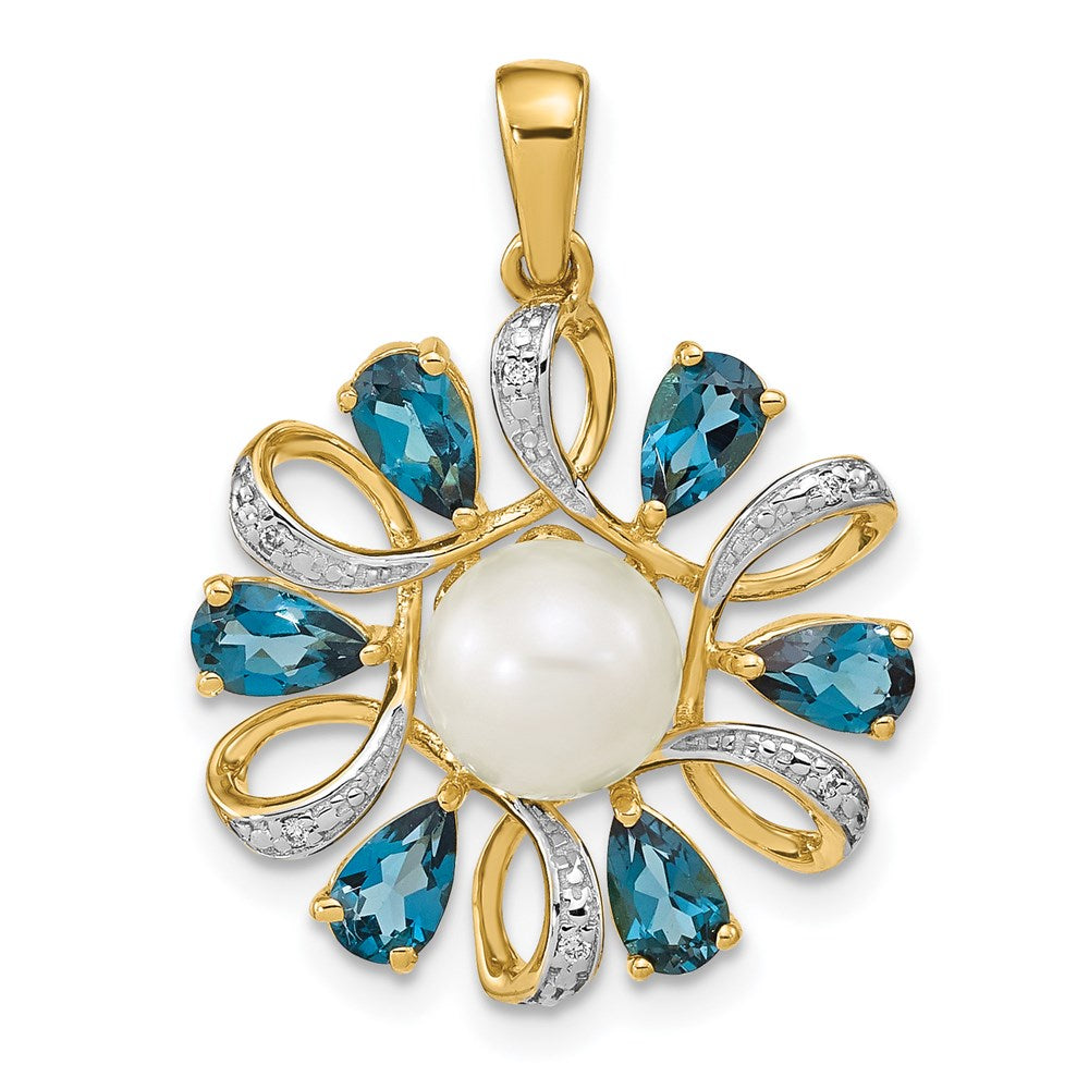 14k Diamond and 6- Button FWC Pearl/London Blue Topaz Pendant