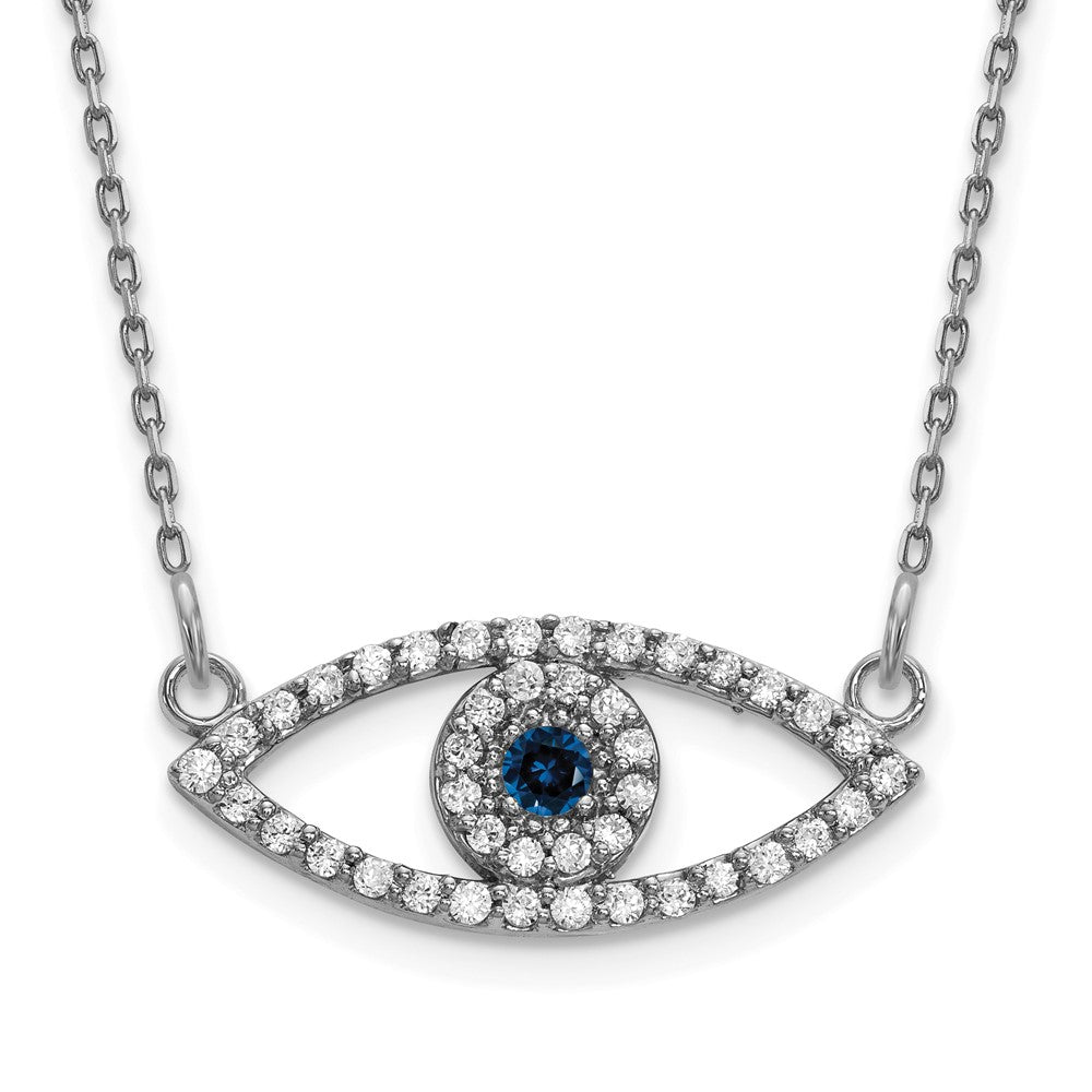 14k White Gold Small Necklace Diamond and Sapphire Evil Eye