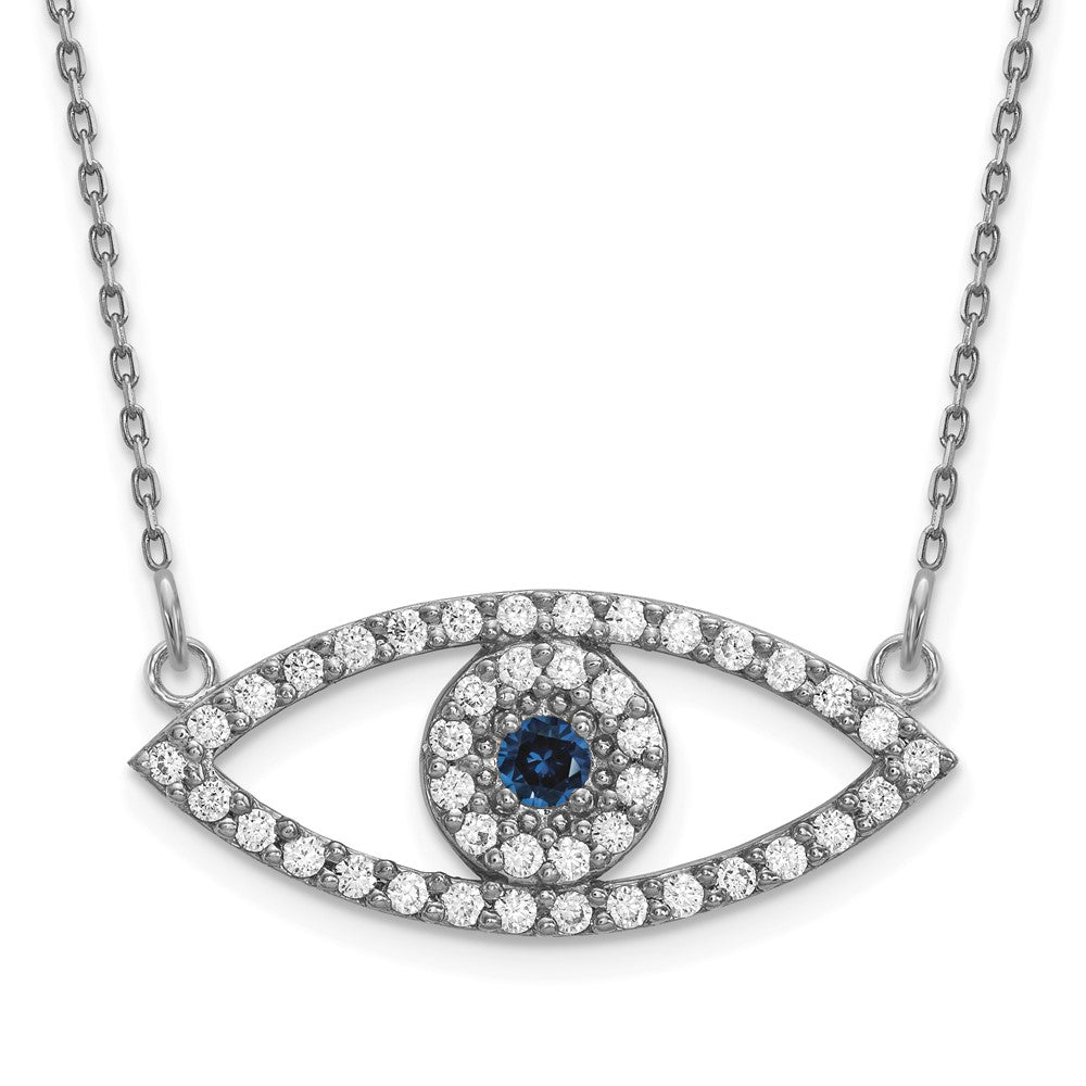 14k White Gold Polished 1/2 carat Diamond and Sapphire Medium Evil Eye Necklace