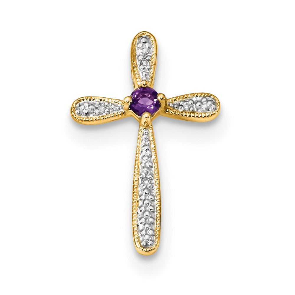 14k Rhodium Diamond & Amethyst Polished Cross Pendant