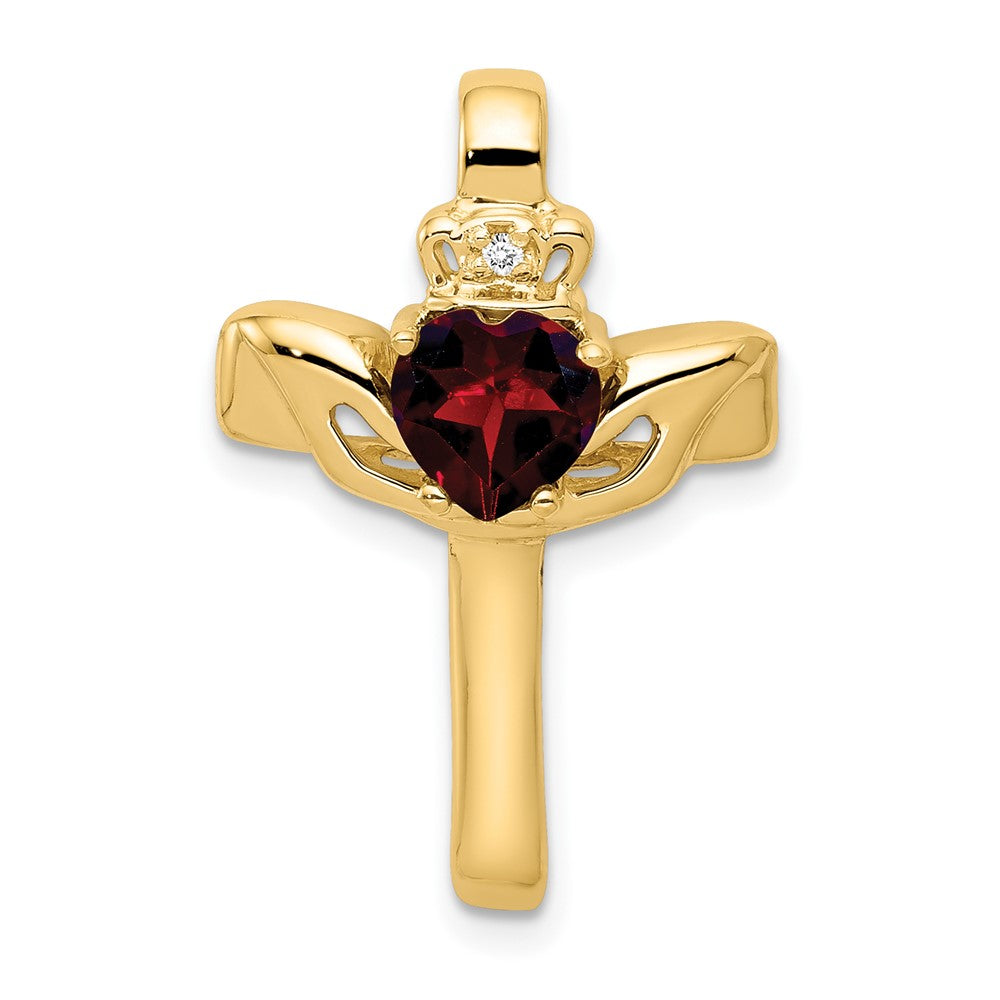 14k Garnet & AA Diamond Claddagh Cross Pendant