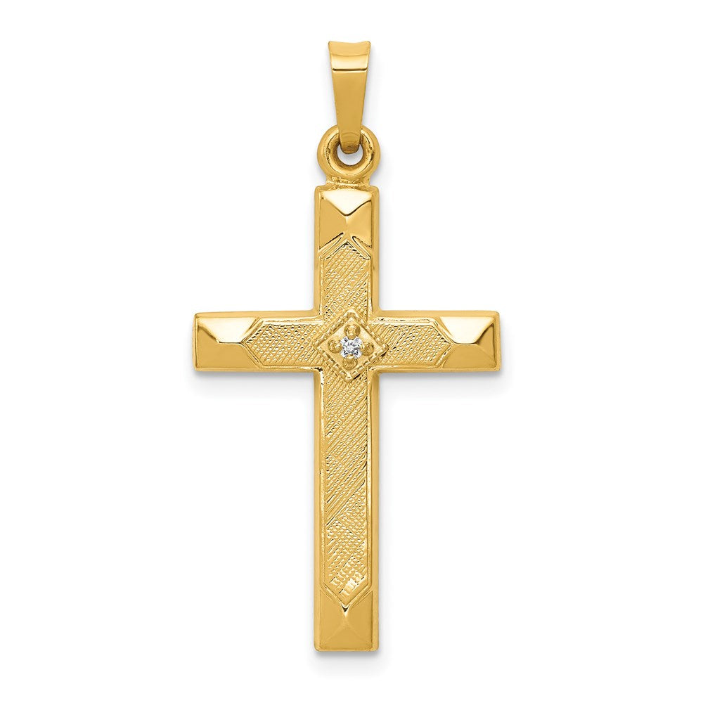 14k Textured and Polished Diamond Accent Cross Pendant