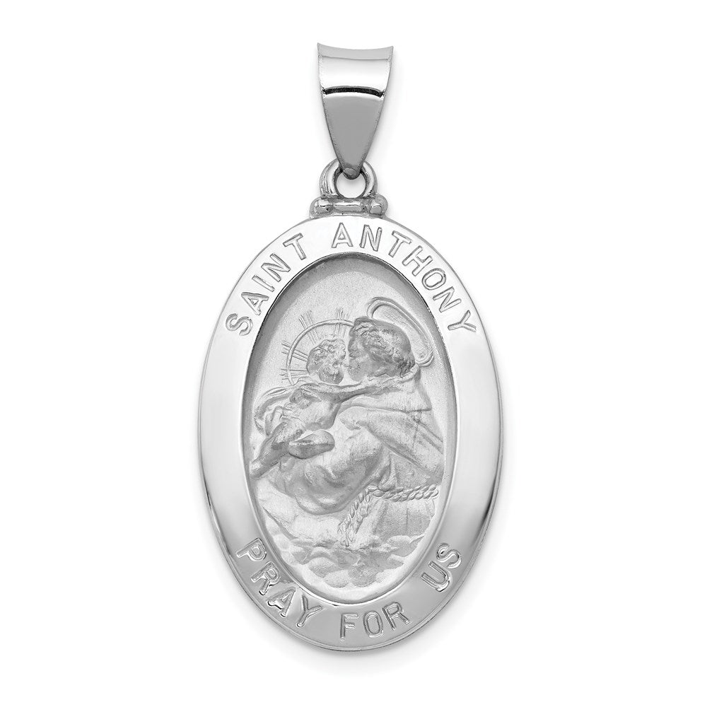 14k White Gold Polished and Satin Hollow St. Anthony Medal Oval Pendant